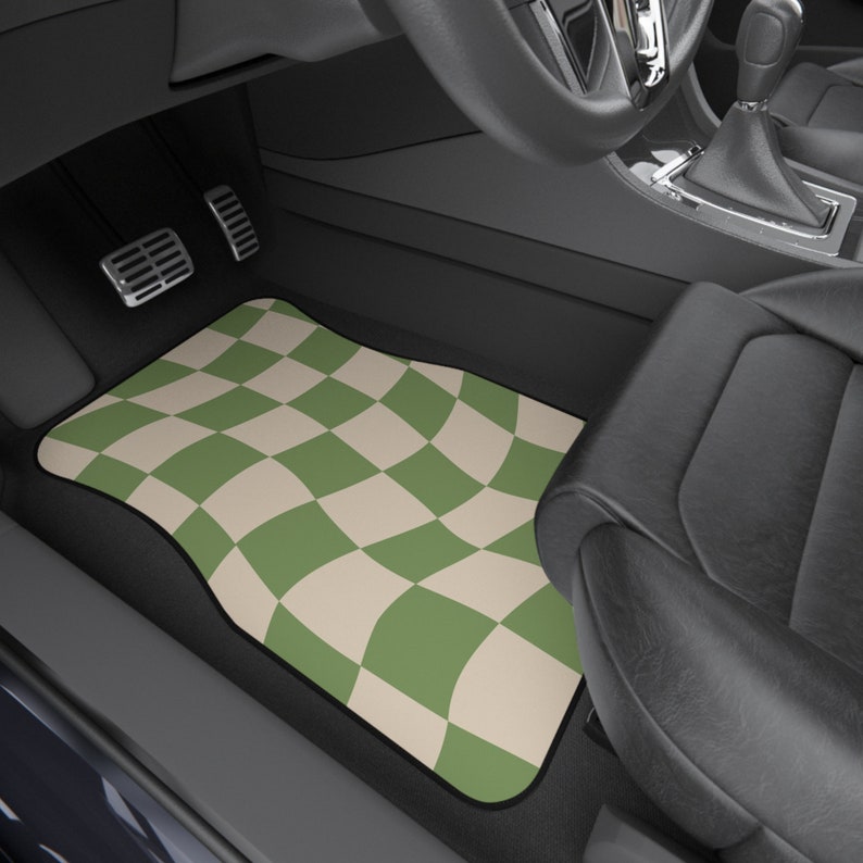 Set of 2 Beige and Green Checkered Floor Mats Car Floor Mats Cute Car Accessories For Women Boho Car accessories Hippie Gift For Her
