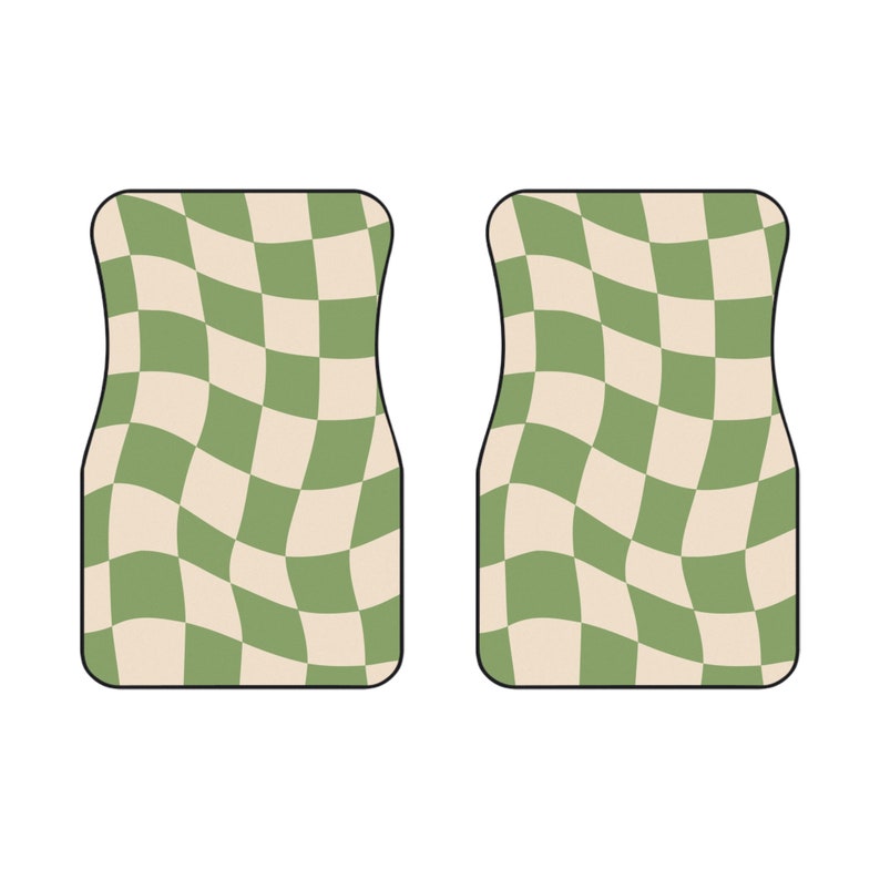 Set of 2 Beige and Green Checkered Floor Mats Car Floor Mats Cute Car Accessories For Women Boho Car accessories Hippie Gift For Her