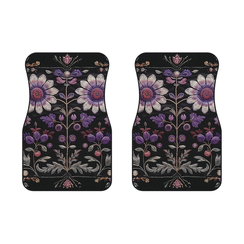 Set of 2 Faux Embroidered Flowers Floor Mats Car Floor Mats Cute Car Accessories For Women Boho Car accessories Hippie Gift For Her