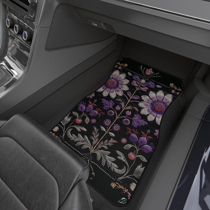 Set of 2 Faux Embroidered Flowers Floor Mats Car Floor Mats Cute Car Accessories For Women Boho Car accessories Hippie Gift For Her