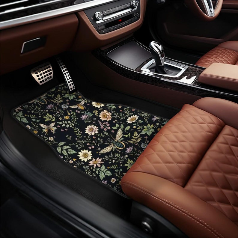Green Wildflower Car Floor Mats, Witchy Cottagecore Vehicle Accessories, Gothic Fantasy Cute Car Decor for Women