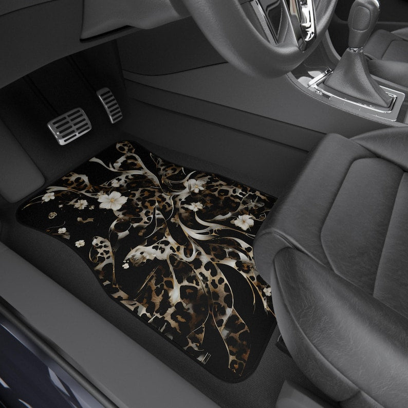 Black Car Floor Mats Vehicle (2x Front) Luxe Leopard Black Floral Cheetah Teen Female Womens Black White Neutral Edgy