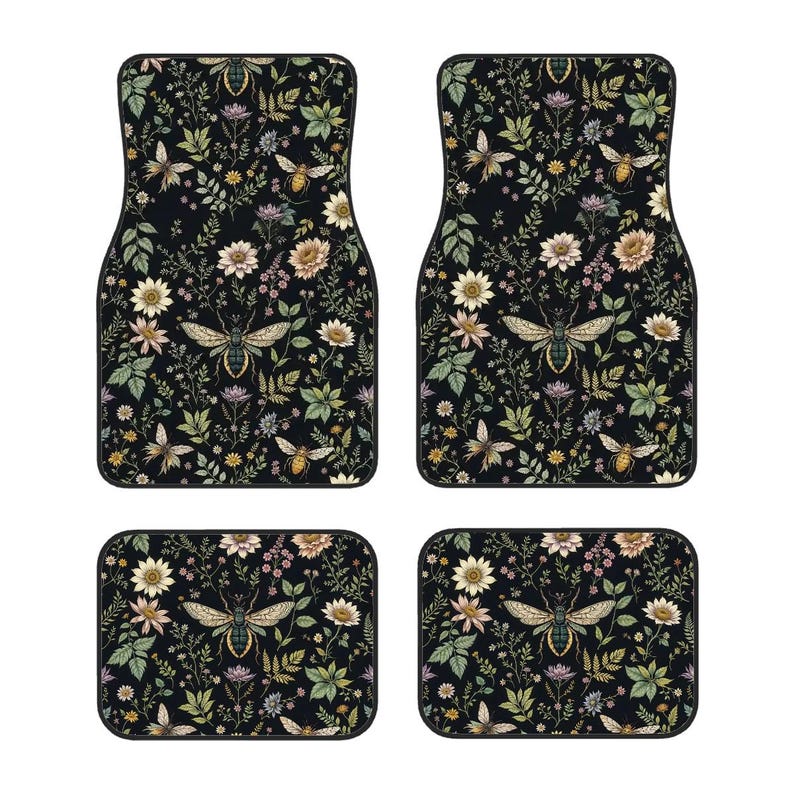 Green Wildflower Car Floor Mats, Witchy Cottagecore Vehicle Accessories, Gothic Fantasy Cute Car Decor for Women