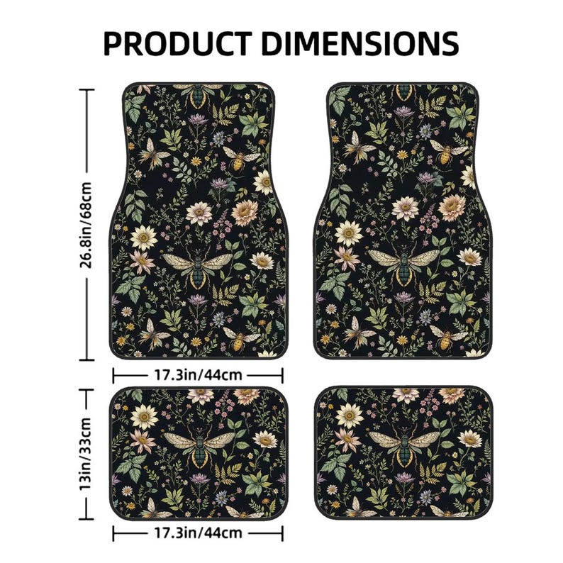 Green Wildflower Car Floor Mats, Witchy Cottagecore Vehicle Accessories, Gothic Fantasy Cute Car Decor for Women