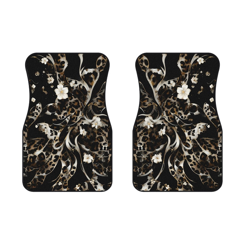 Black Car Floor Mats Vehicle (2x Front) Luxe Leopard Black Floral Cheetah Teen Female Womens Black White Neutral Edgy