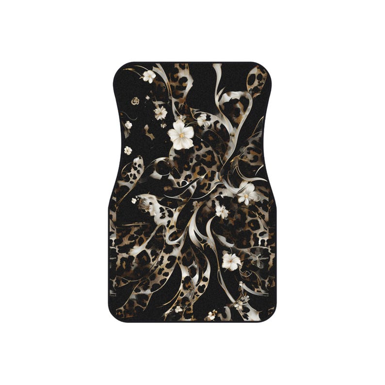 Black Car Floor Mats Vehicle (2x Front) Luxe Leopard Black Floral Cheetah Teen Female Womens Black White Neutral Edgy