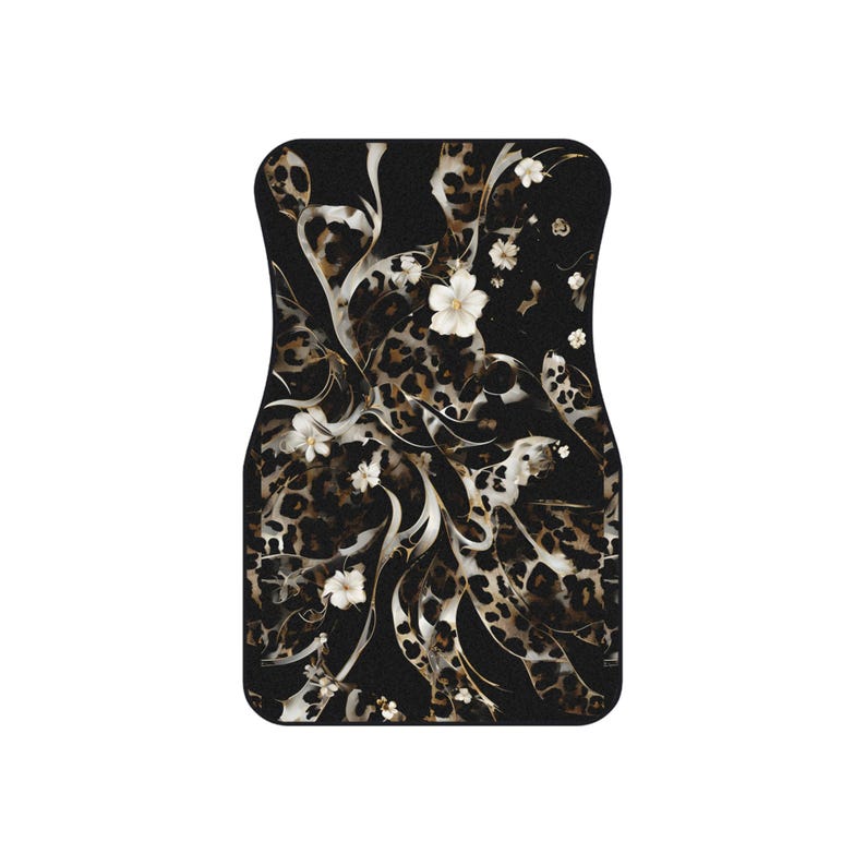 Black Car Floor Mats Vehicle (2x Front) Luxe Leopard Black Floral Cheetah Teen Female Womens Black White Neutral Edgy