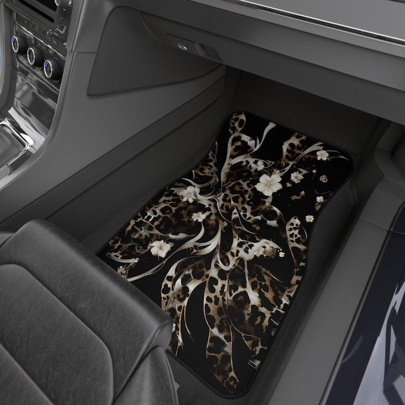 Black Car Floor Mats Vehicle (2x Front) Luxe Leopard Black Floral Cheetah Teen Female Womens Black White Neutral Edgy