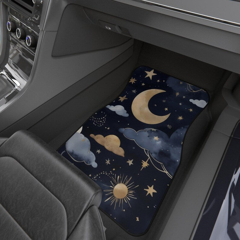 Dreamy Night Sky Car Mats - Set of 4, Celestial Auto Accessories, Car Decor for Astrology Lovers, Moon and Stars Theme
