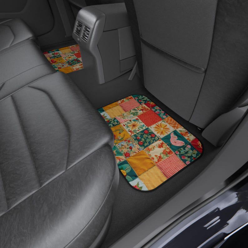 Boho Patchwork Car Mats: Floral Quilted Floor Protectors, 4-Piece Set-or 2-Christmas, Holiday Gift Idea for Car Lovers