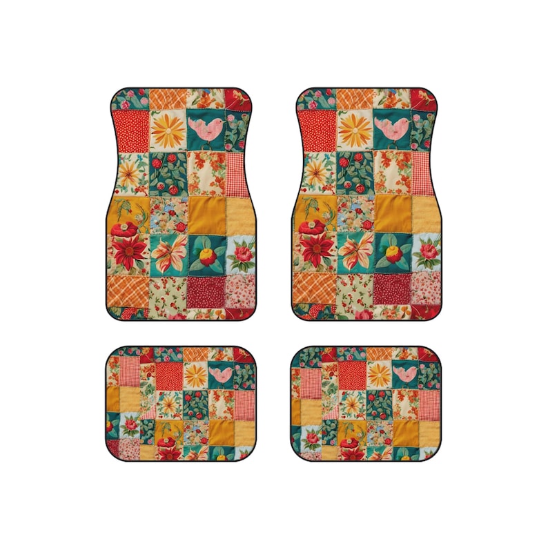 Boho Patchwork Car Mats: Floral Quilted Floor Protectors, 4-Piece Set-or 2-Christmas, Holiday Gift Idea for Car Lovers