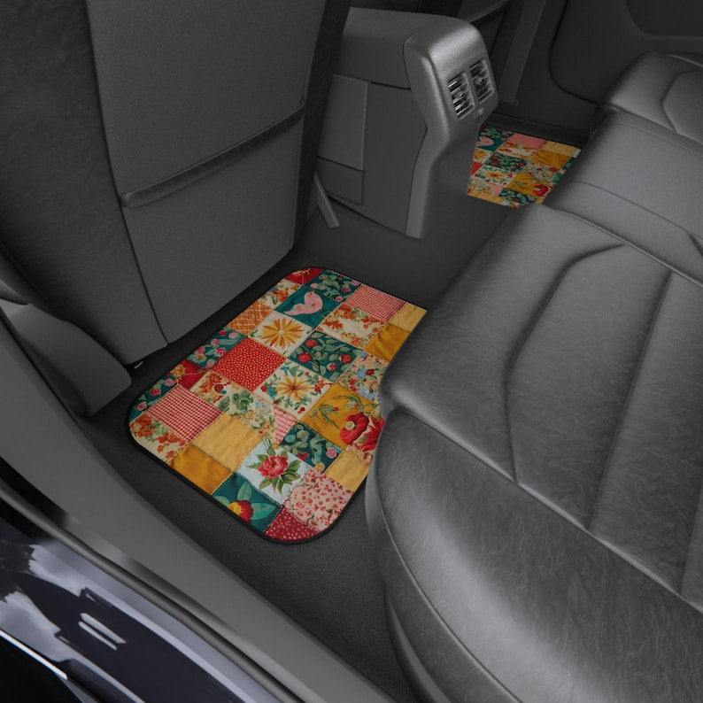 Boho Patchwork Car Mats: Floral Quilted Floor Protectors, 4-Piece Set-or 2-Christmas, Holiday Gift Idea for Car Lovers