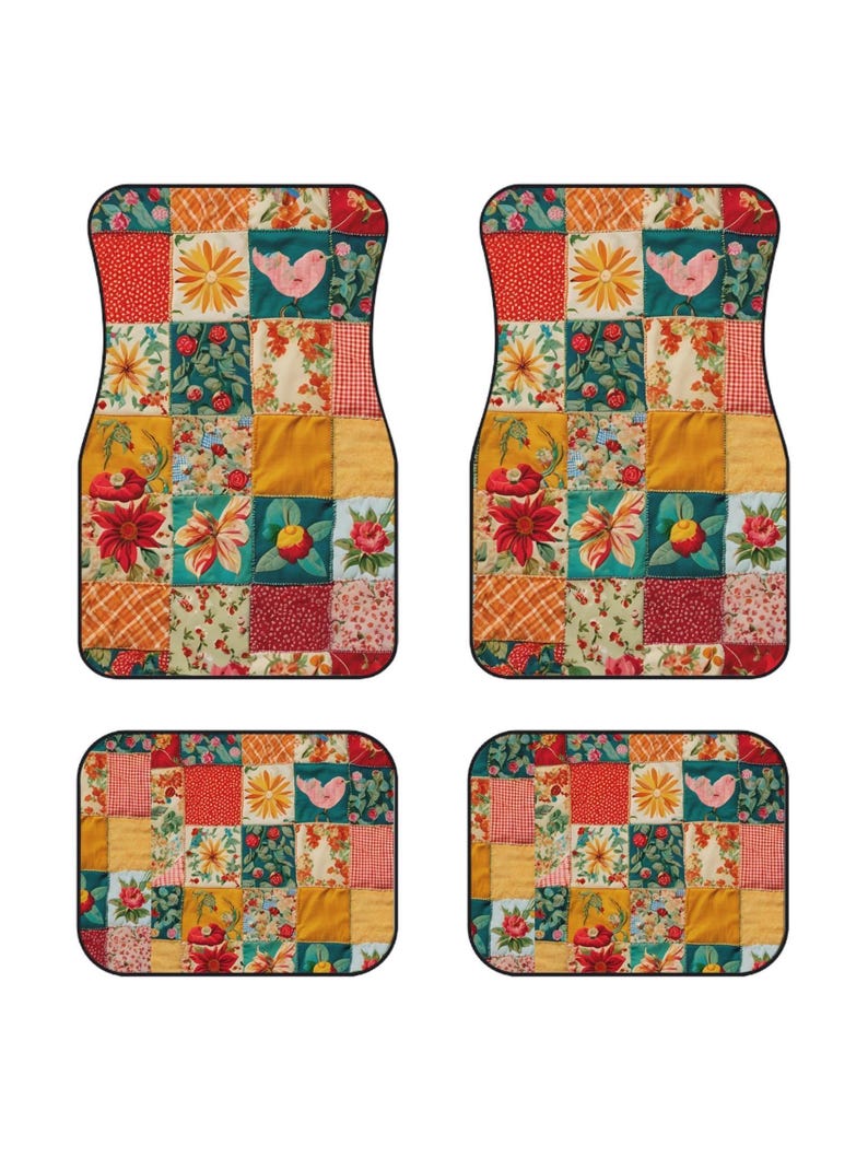 Boho Patchwork Car Mats: Floral Quilted Floor Protectors, 4-Piece Set-or 2-Christmas, Holiday Gift Idea for Car Lovers