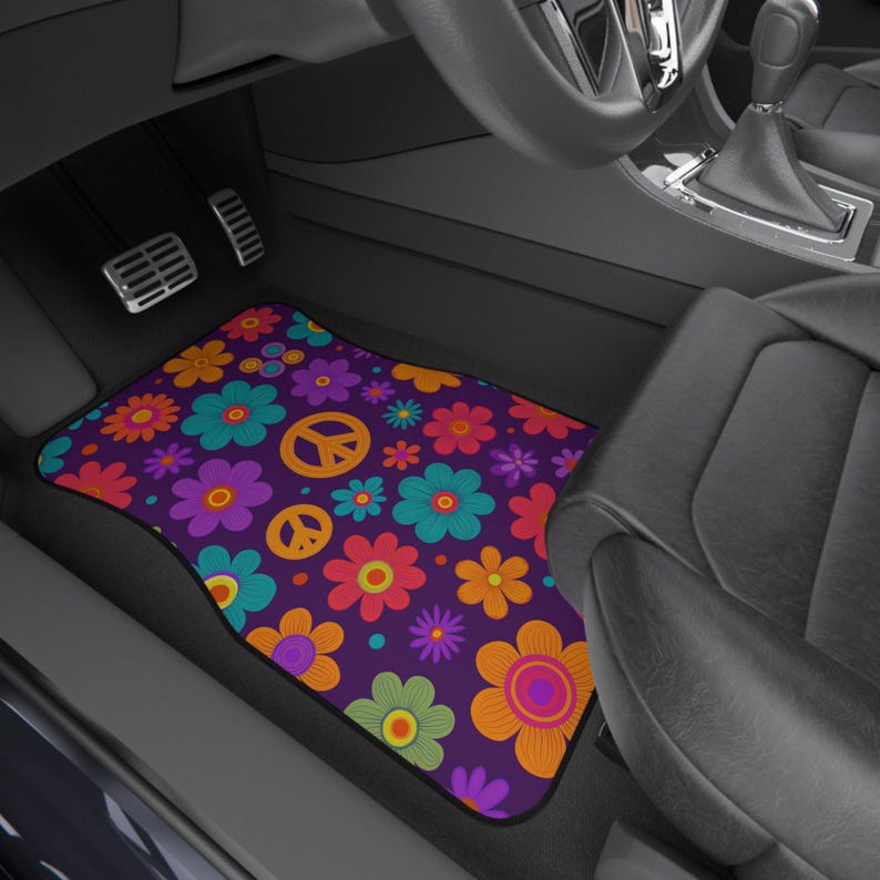 Hippie Flower Power Car Mats: Retro 70s Floral Peace Sign - Set of 4