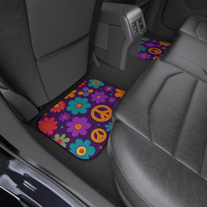 Hippie Flower Power Car Mats: Retro 70s Floral Peace Sign - Set of 4
