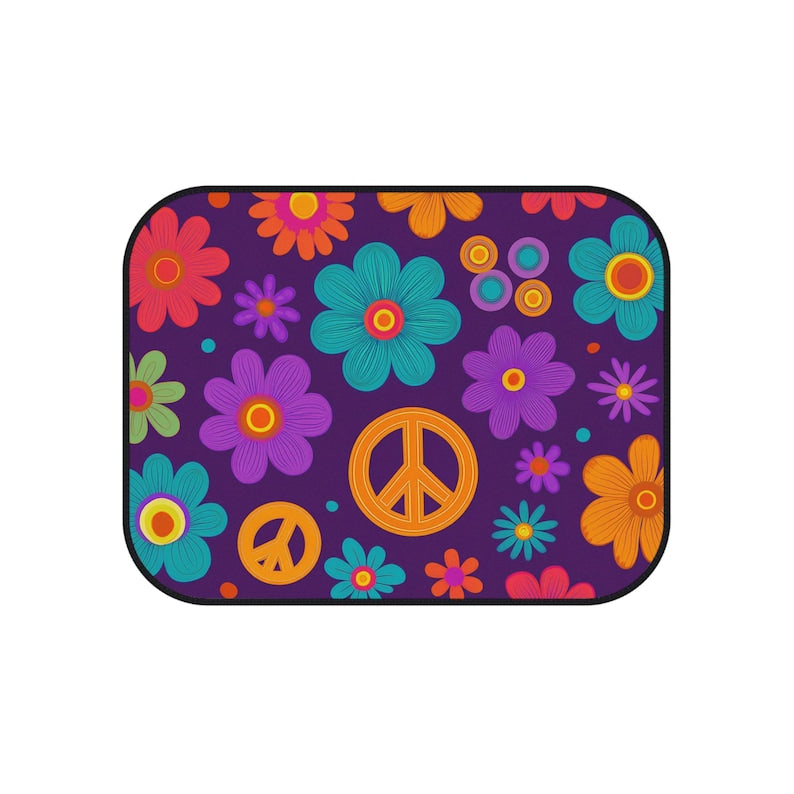 Hippie Flower Power Car Mats: Retro 70s Floral Peace Sign - Set of 4