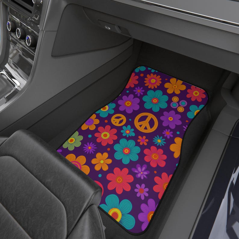 Hippie Flower Power Car Mats: Retro 70s Floral Peace Sign - Set of 4