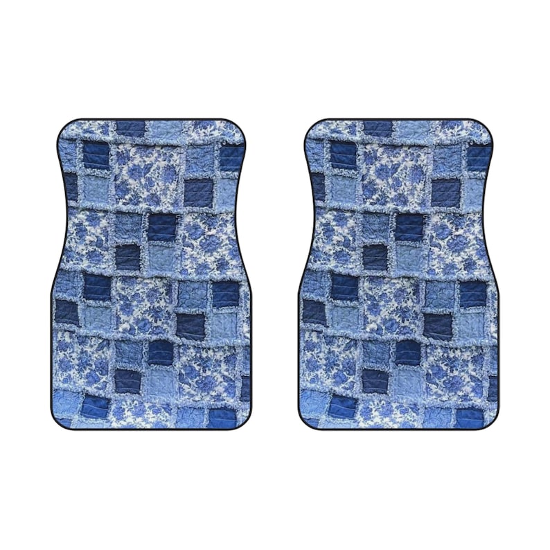 Vintage Style Patchwork Car Mats: Blue Polyester, Non-Slip Interior