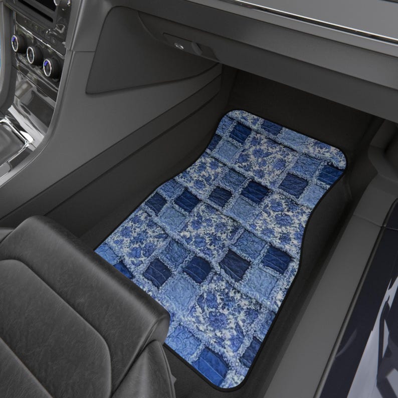 Vintage Style Patchwork Car Mats: Blue Polyester, Non-Slip Interior