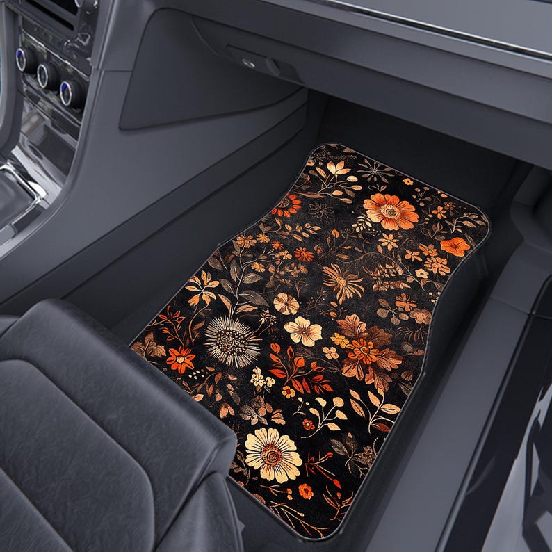 Victorian Botanical Rug Floral Pattern Car Mats: Universal Fit, Durable, Non-Slip Base-Set of 4
