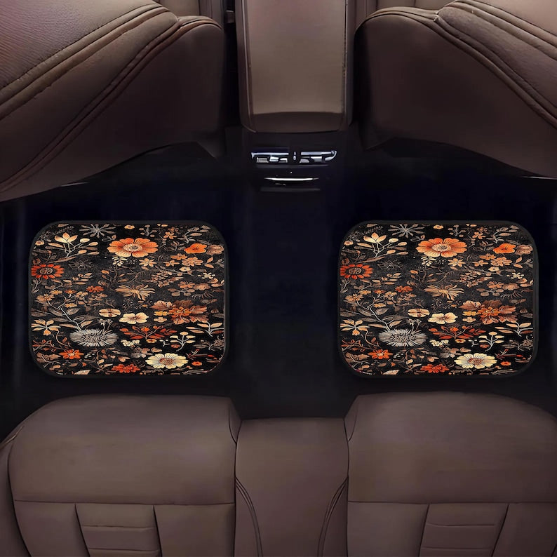 Victorian Botanical Rug Floral Pattern Car Mats: Universal Fit, Durable, Non-Slip Base-Set of 4