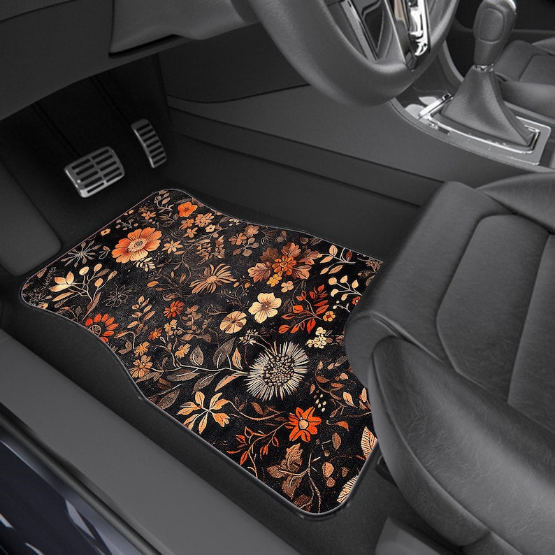 Victorian Botanical Rug Floral Pattern Car Mats: Universal Fit, Durable, Non-Slip Base-Set of 4