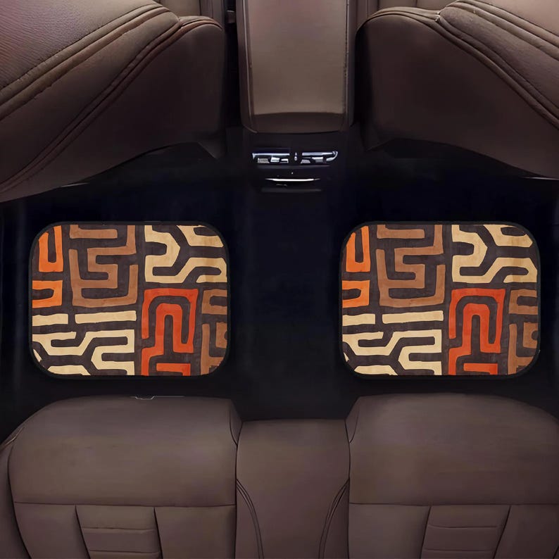 African Mud Cloth Rug, Afrocentric Brown Safari Car Mats: Universal Fit, Durable, Non-Slip Base-Set of 4