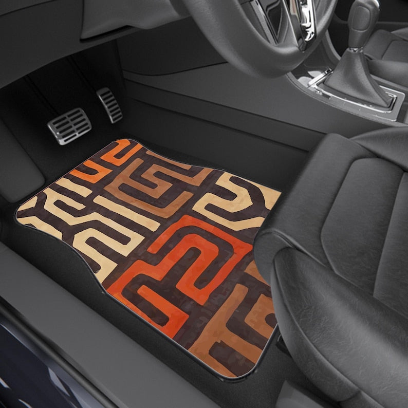 African Mud Cloth Rug, Afrocentric Brown Safari Car Mats: Universal Fit, Durable, Non-Slip Base-Set of 4