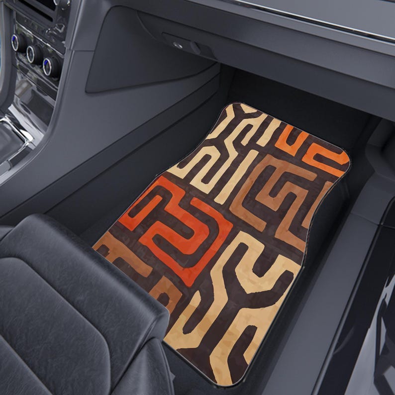 African Mud Cloth Rug, Afrocentric Brown Safari Car Mats: Universal Fit, Durable, Non-Slip Base-Set of 4
