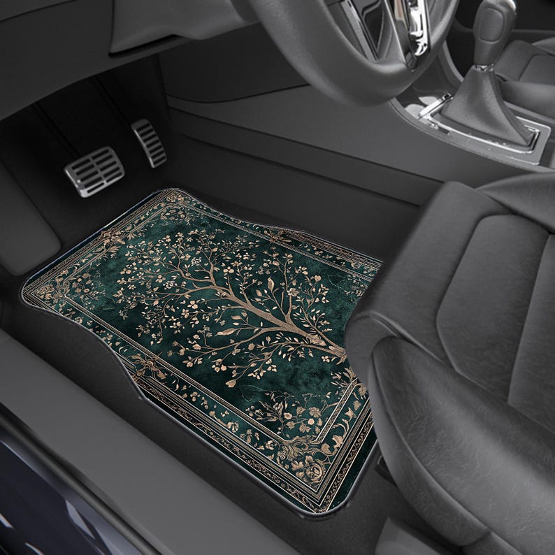 Flower Trees and Bird Patterns in Dark Green Color Mats Universal Fit, Durable, Non-Slip Base-Set of 4