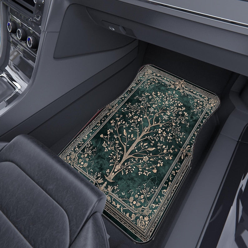 Flower Trees and Bird Patterns in Dark Green Color Mats Universal Fit, Durable, Non-Slip Base-Set of 4