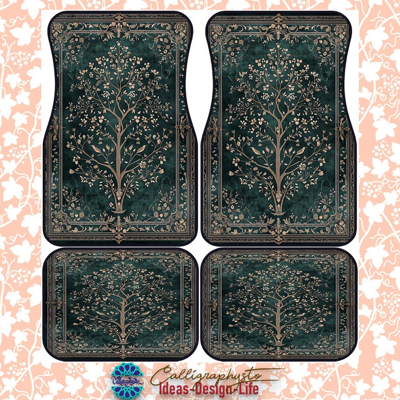 Flower Trees and Bird Patterns in Dark Green Color Mats Universal Fit, Durable, Non-Slip Base-Set of 4