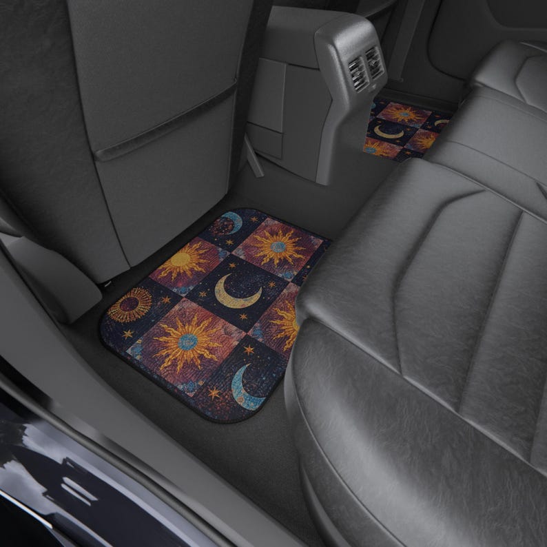 Celestial Car Mats: Sun and Moon Boho Auto Decor - Set of 4