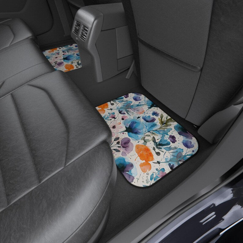 Floral Car Mats Set, Colorful Auto Floor Mats, Flower Pattern Car Accessories, Car Decor for Spring, Gift for New Driver, Floral Design