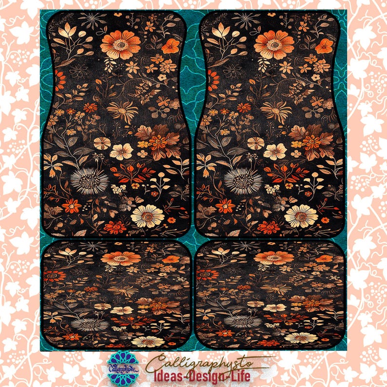 Victorian Botanical Rug Floral Pattern Car Mats: Universal Fit, Durable, Non-Slip Base-Set of 4