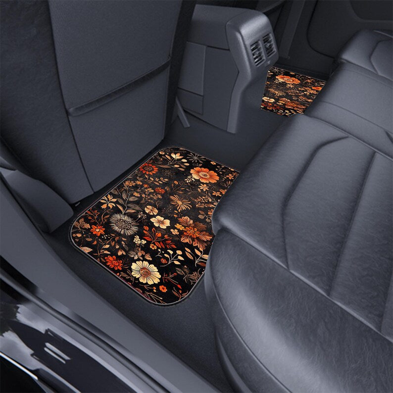 Victorian Botanical Rug Floral Pattern Car Mats: Universal Fit, Durable, Non-Slip Base-Set of 4