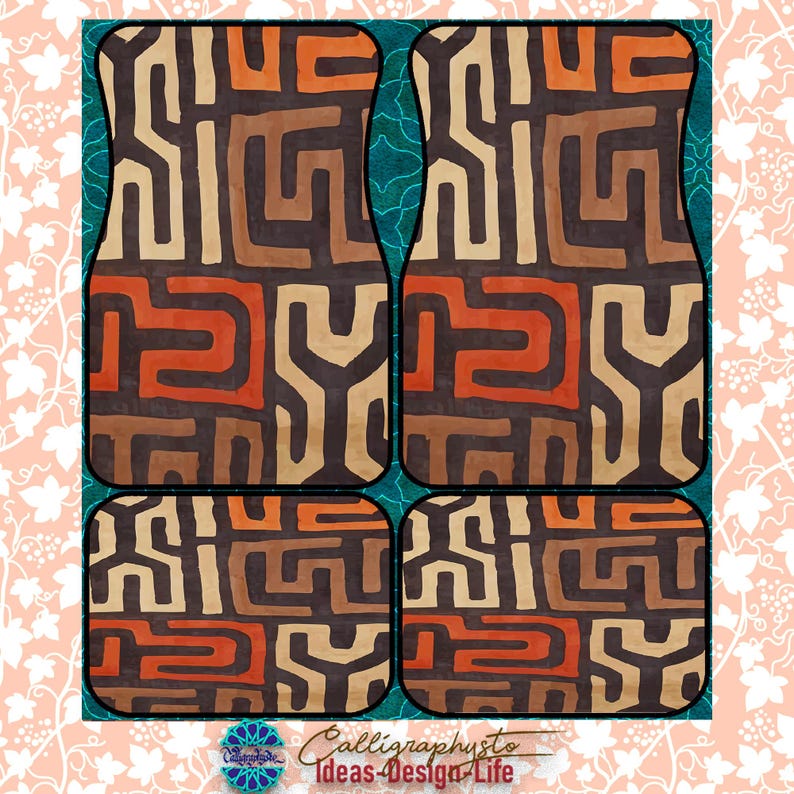 African Mud Cloth Rug, Afrocentric Brown Safari Car Mats: Universal Fit, Durable, Non-Slip Base-Set of 4