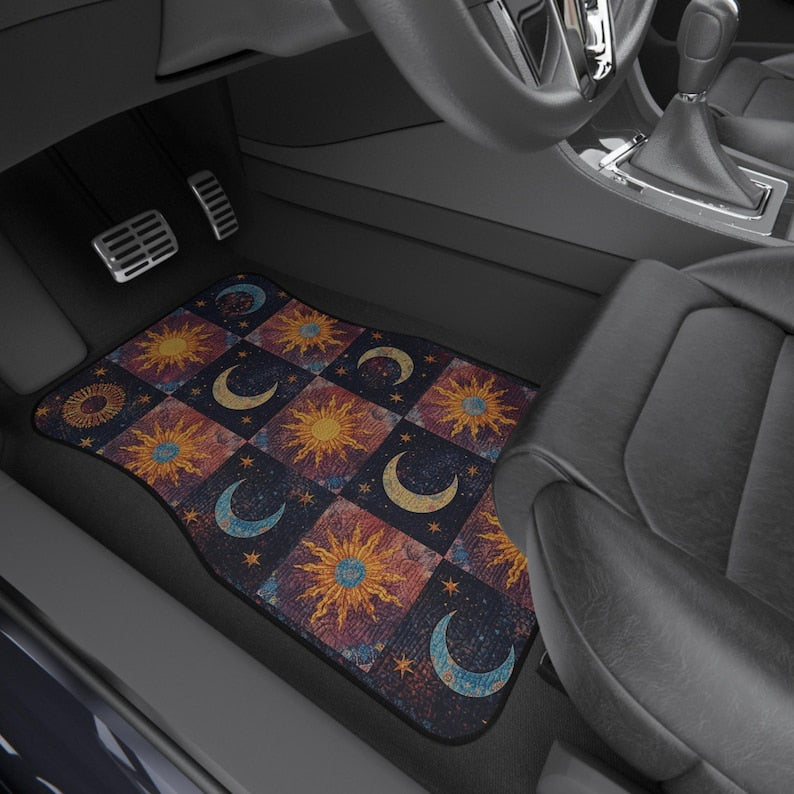 Celestial Car Mats: Sun and Moon Boho Auto Decor - Set of 4