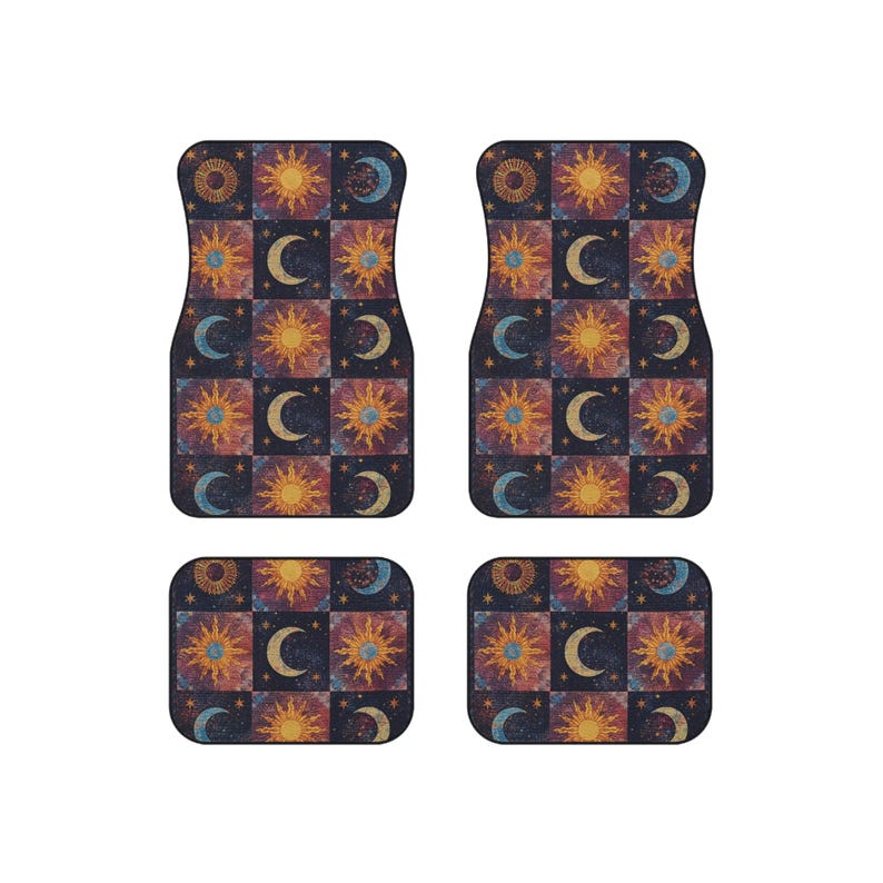 Celestial Car Mats: Sun and Moon Boho Auto Decor - Set of 4