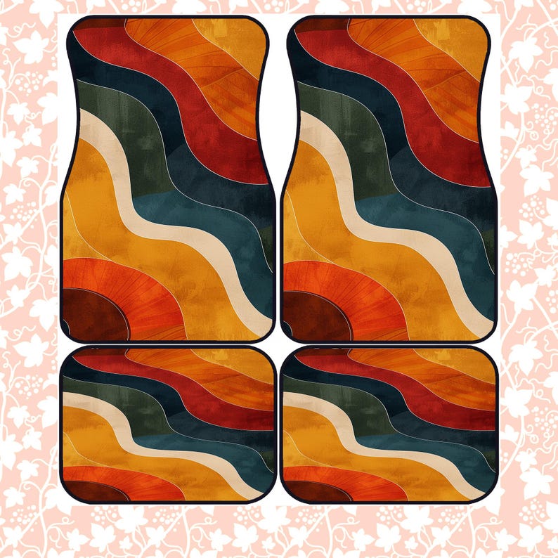 70s Retro Burnt Orange Car Mats Universal Fit, Durable, Non-Slip Base-Set of 4