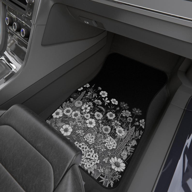 Wildflower Car Mats Set, Cute Boho Car Floor Mats, Black, White Flower Print All-Season Mats, Decorative Auto Accessories, Gift for Drivers