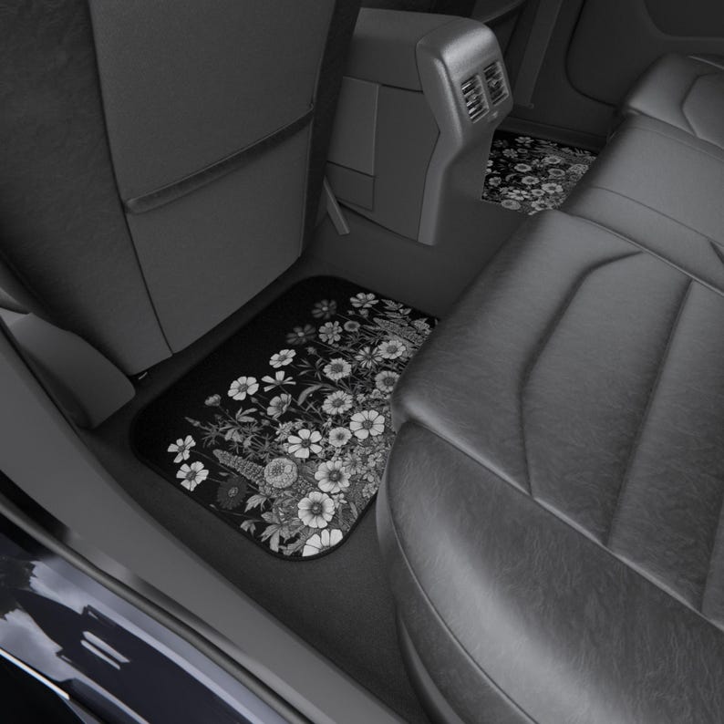 Wildflower Car Mats Set, Cute Boho Car Floor Mats, Black, White Flower Print All-Season Mats, Decorative Auto Accessories, Gift for Drivers