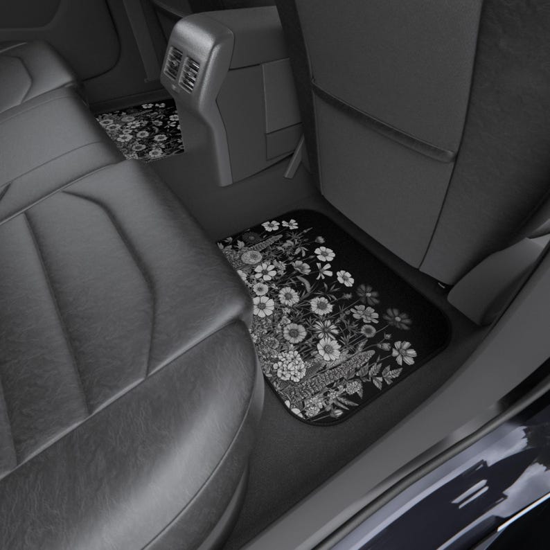Wildflower Car Mats Set, Cute Boho Car Floor Mats, Black, White Flower Print All-Season Mats, Decorative Auto Accessories, Gift for Drivers