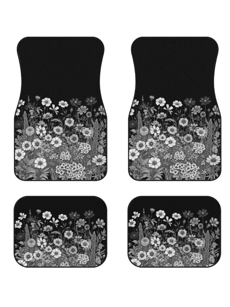 Wildflower Car Mats Set, Cute Boho Car Floor Mats, Black, White Flower Print All-Season Mats, Decorative Auto Accessories, Gift for Drivers