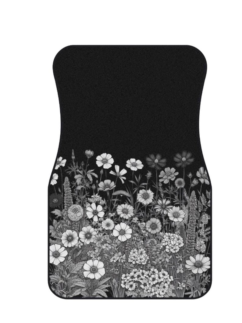 Wildflower Car Mats Set, Cute Boho Car Floor Mats, Black, White Flower Print All-Season Mats, Decorative Auto Accessories, Gift for Drivers