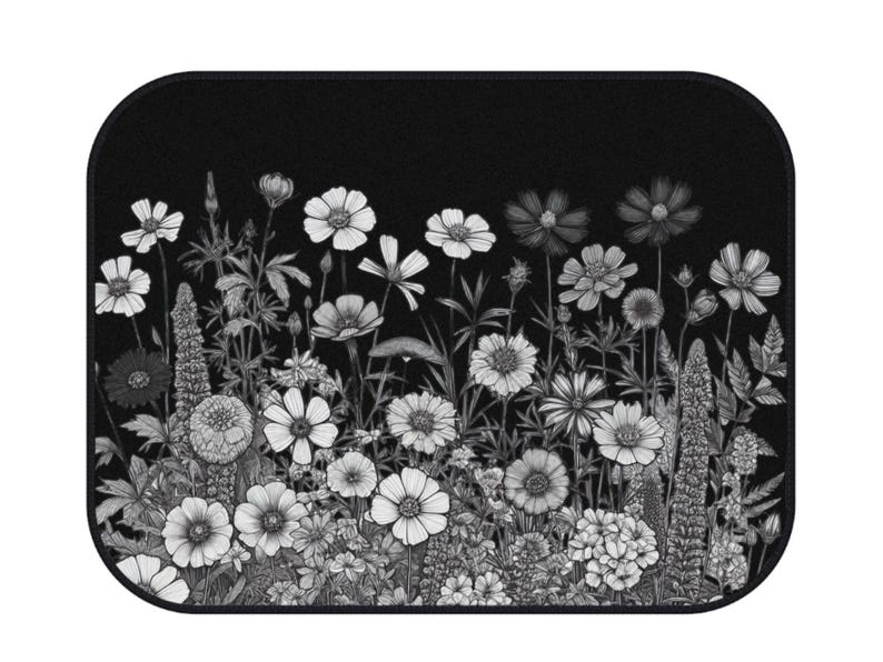 Wildflower Car Mats Set, Cute Boho Car Floor Mats, Black, White Flower Print All-Season Mats, Decorative Auto Accessories, Gift for Drivers