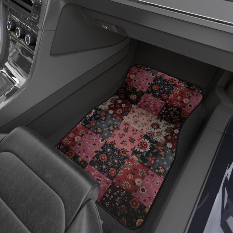 Pink Boho Floral Car Mats, Moody Vintage Patchwork Design, Cute Grungy Gift for Her, Floral Car Decor, Happy Road Trips, Pink Auto Accessory