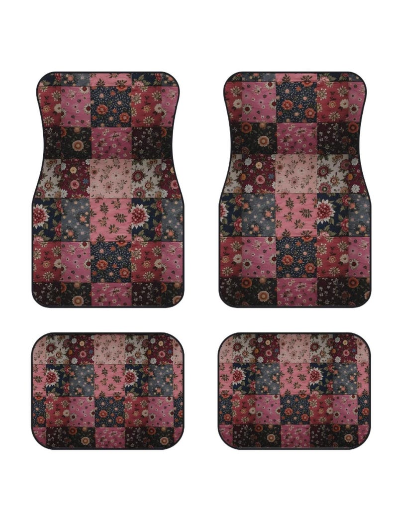 Pink Boho Floral Car Mats, Moody Vintage Patchwork Design, Cute Grungy Gift for Her, Floral Car Decor, Happy Road Trips, Pink Auto Accessory