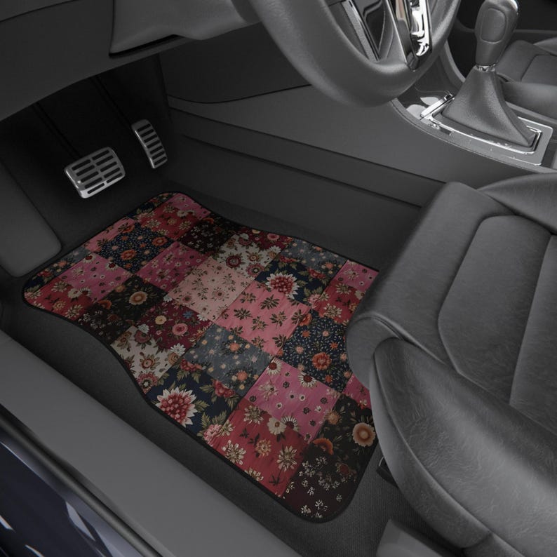 Pink Boho Floral Car Mats, Moody Vintage Patchwork Design, Cute Grungy Gift for Her, Floral Car Decor, Happy Road Trips, Pink Auto Accessory