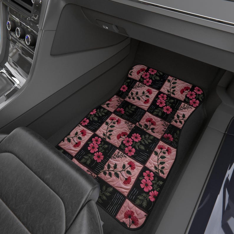 Floral Patchwork Car Mats, Set, Pink Vintage Floral Floor Mats, Custom Car Accessories, Holiday Gift for Garden Lovers, Boho Rose Chic Decor